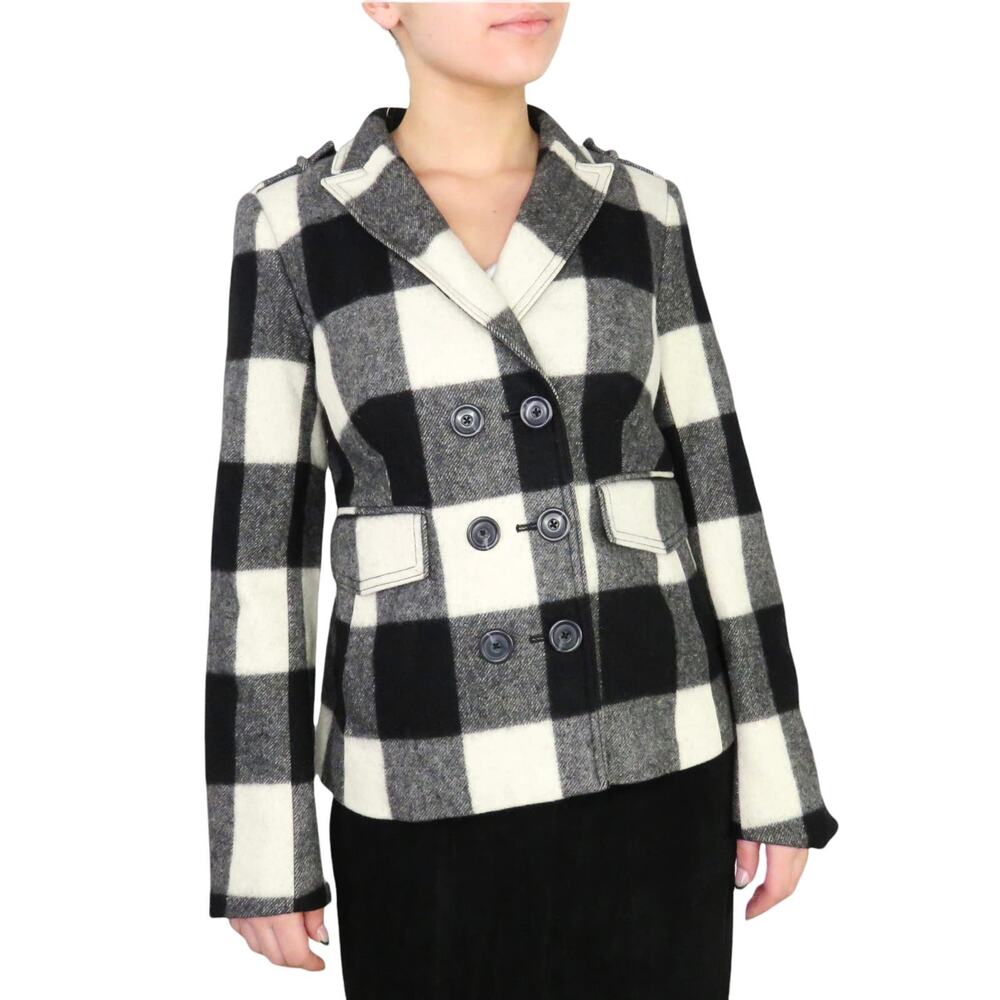 Banana Republic Black & White Plaid Checkered Wool Peacoat Extra Small XS